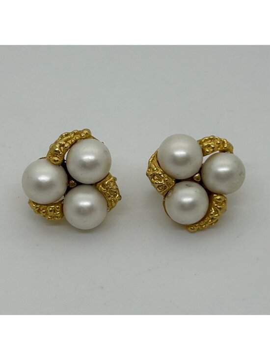Estate Jewelry - Faux Pearl Cluster Clip-On Earrings Textured Gold-Tone Three Bead Retro Vintage